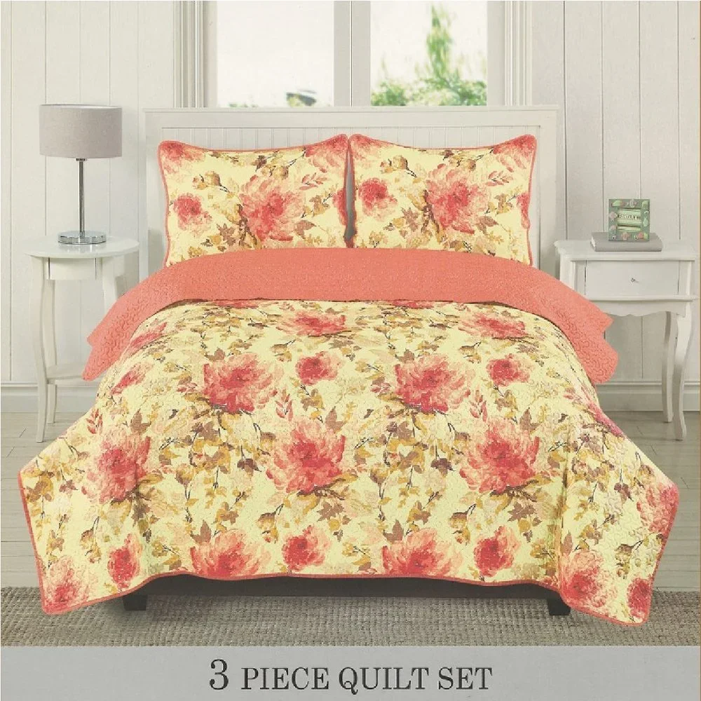 3 Piece Quilted Bedspread Set - Floral Bedding Set Yellow Pink Full/Queen & King